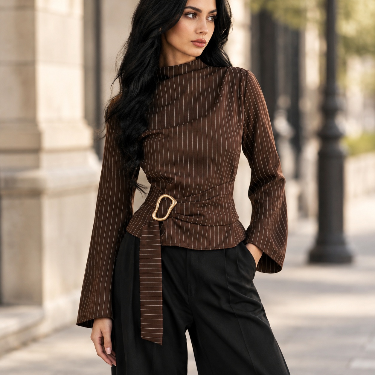 Tie Bell Sleeve Top Fitted Wai - огляд і ціна Women Fashion Necktie